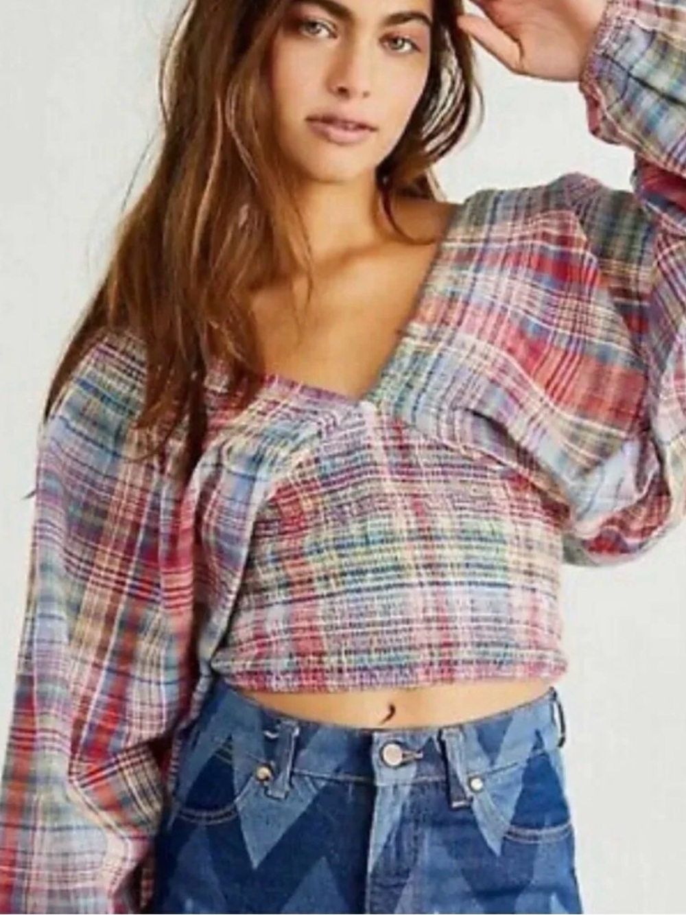 Free People Marlena Multicolor Plaid Cropped Reversible Top